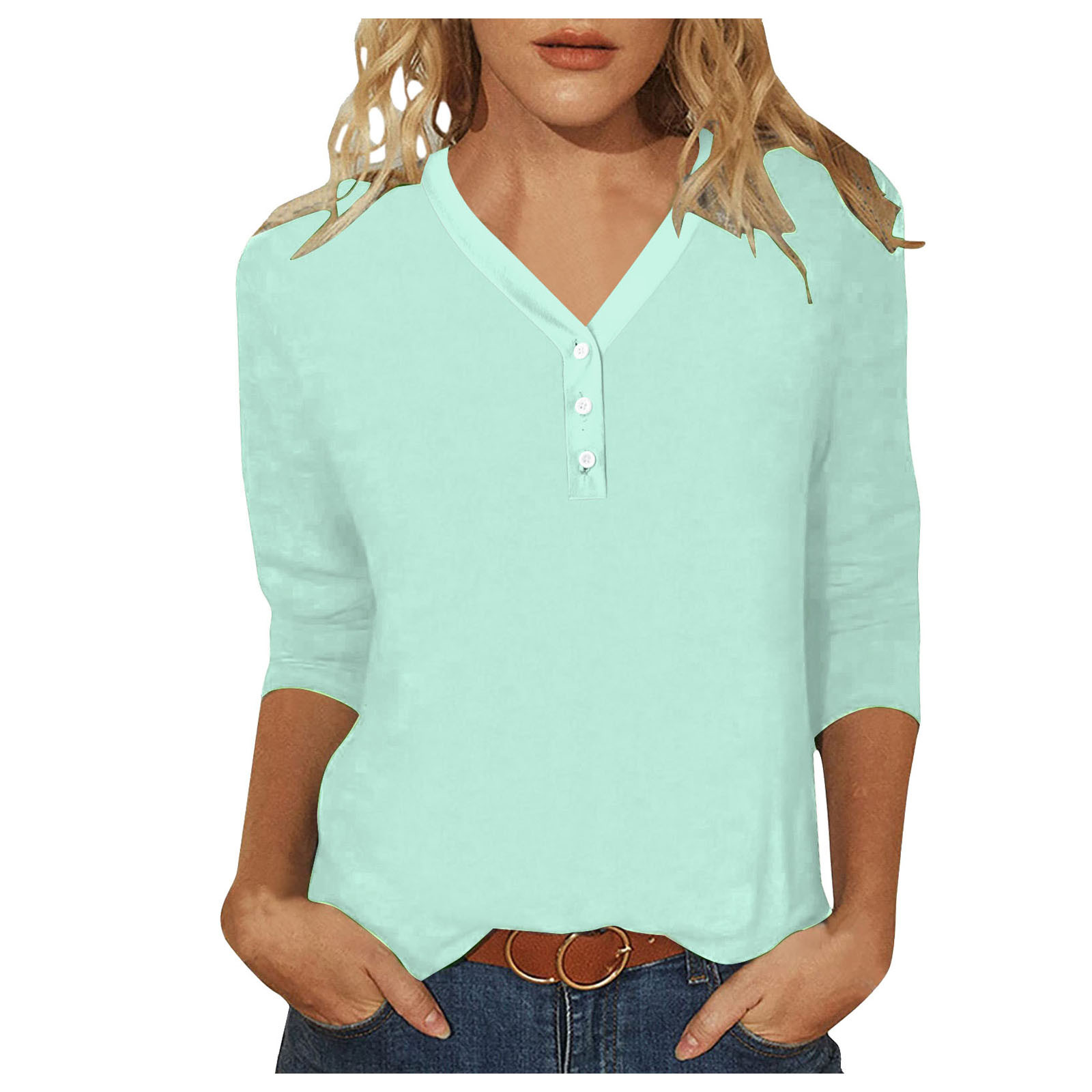thumbnail image 1 of Blusa de manga 3/4 y cuello en V para mujer: estampado floral, poliéster, corte ajustado, prenda elegante informal para la oficina o una fiesta, combina con vaqueros o faldas., 1 of 3